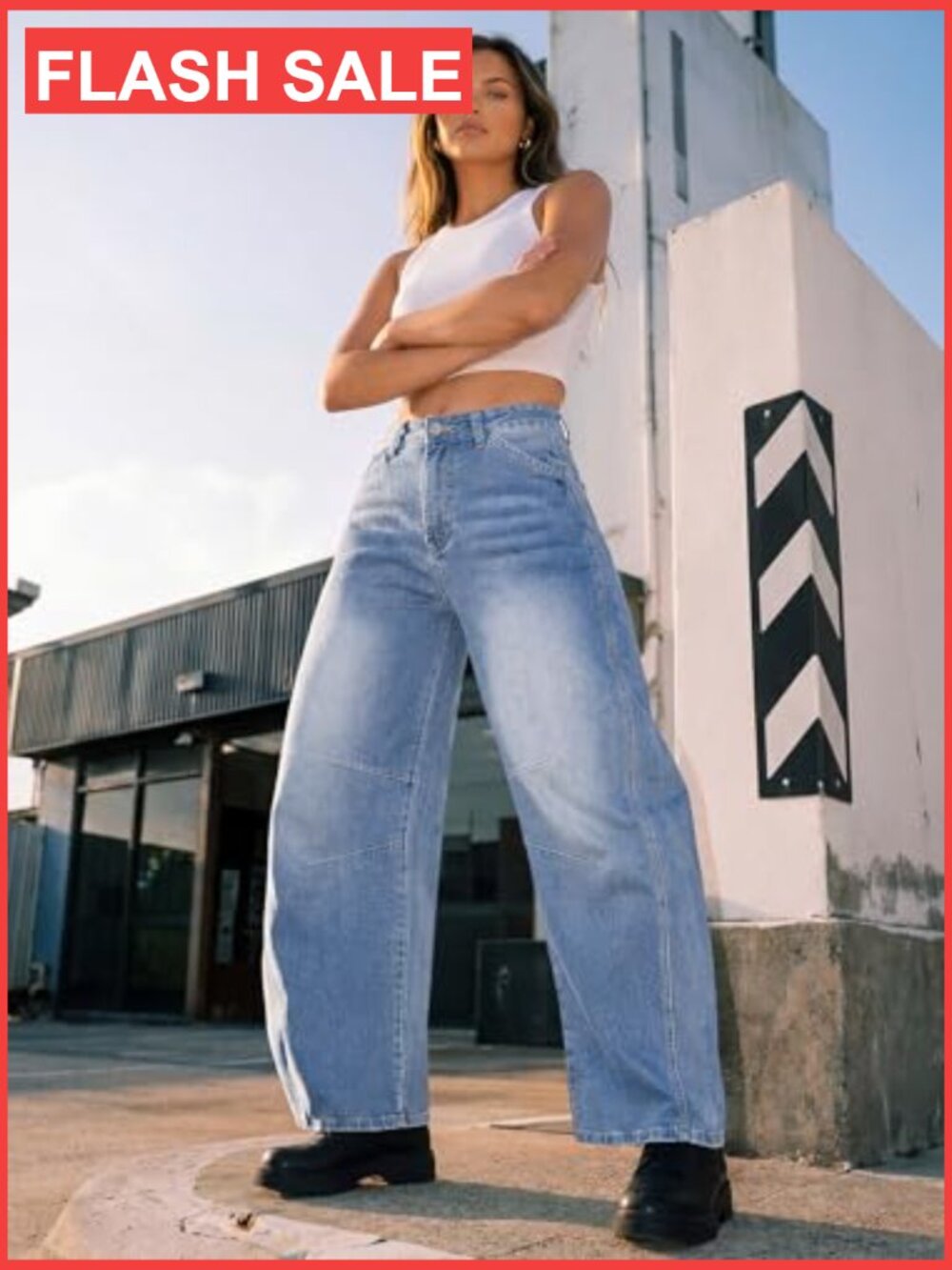 High Rise Wide Leg Barrel Jeans with Curved Hem, Slant Pockets, Stretch Denim - Picture 5 of 6